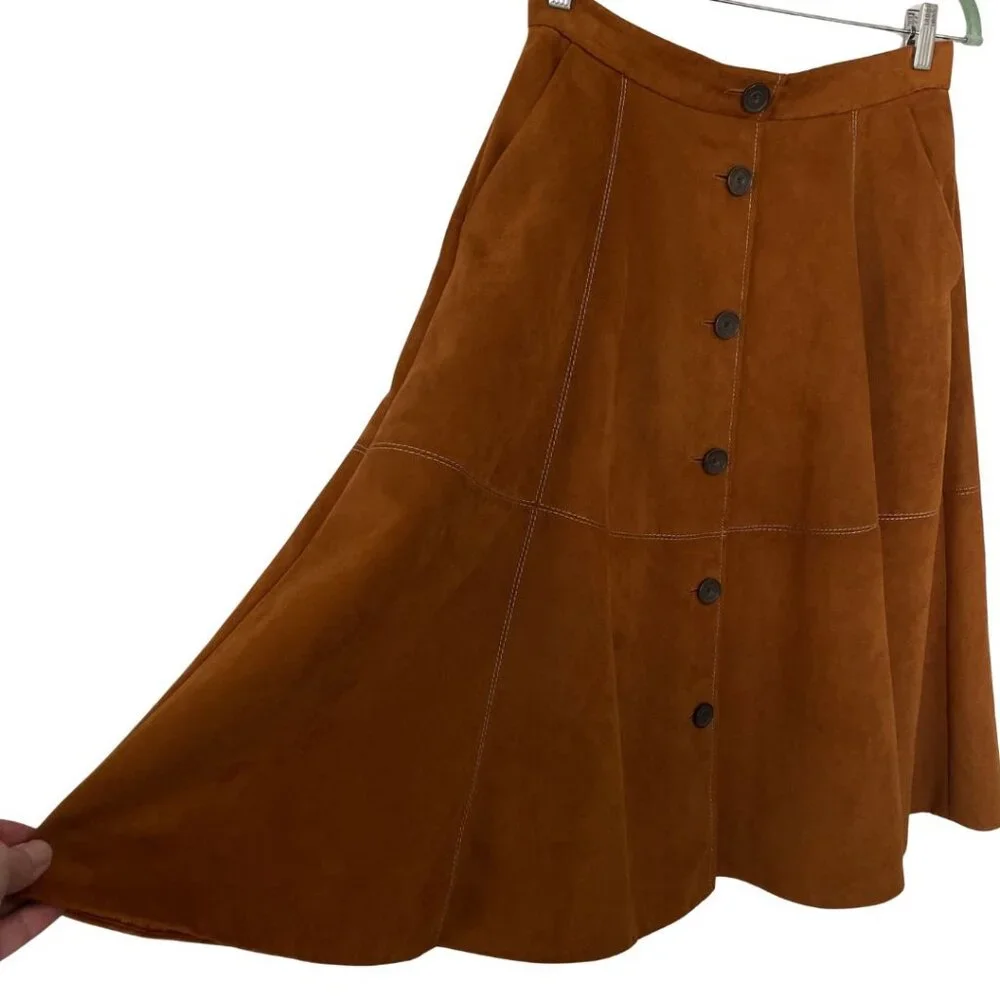 Karen Millen Brown Vegan Faux Suede Button Front Western A-Line Skirt Size 8
